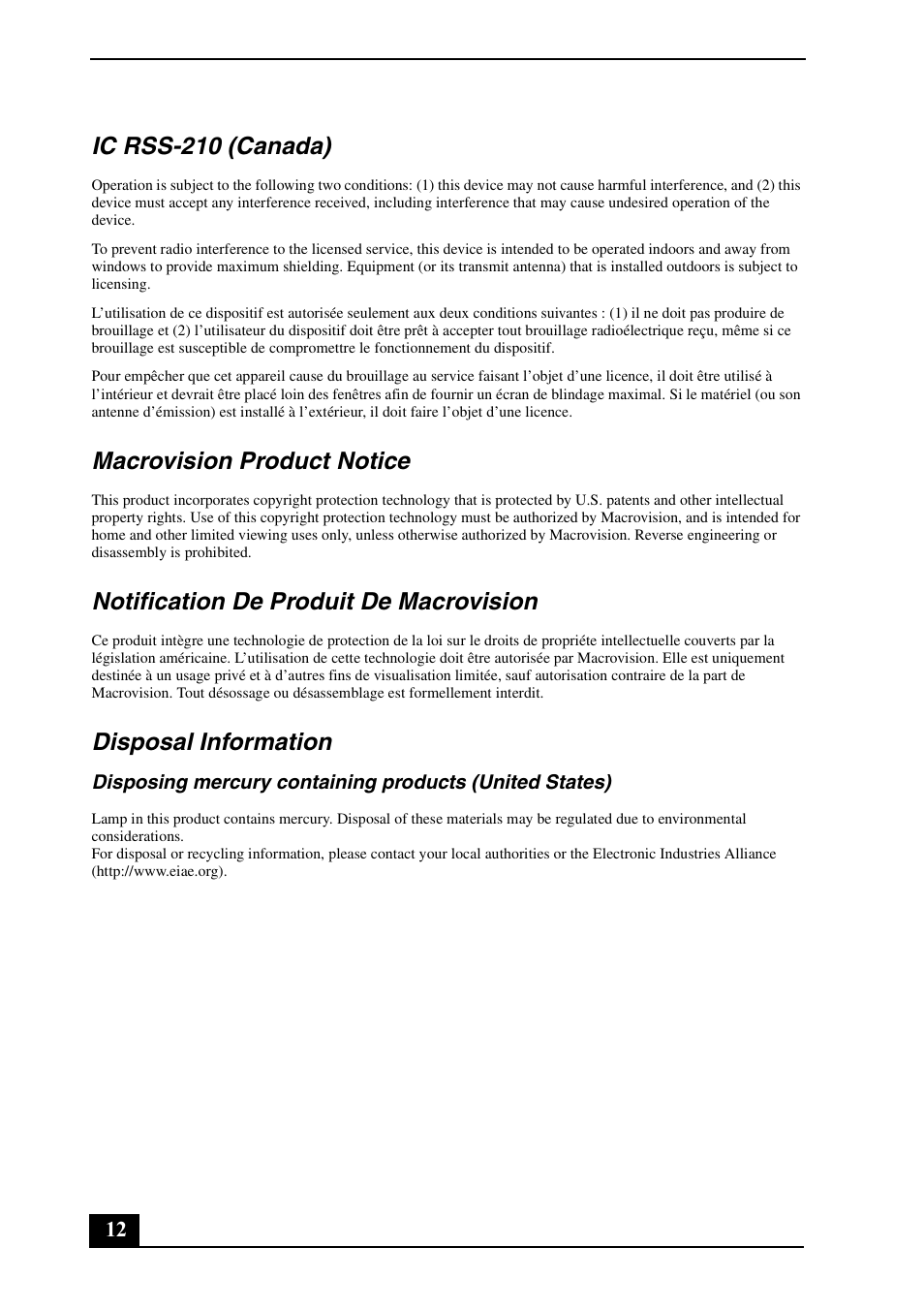Ic rss-210 (canada), Macrovision product notice, Notification de produit de macrovision | Disposal information | Sony VGN-CR307E User Manual | Page 12 / 28