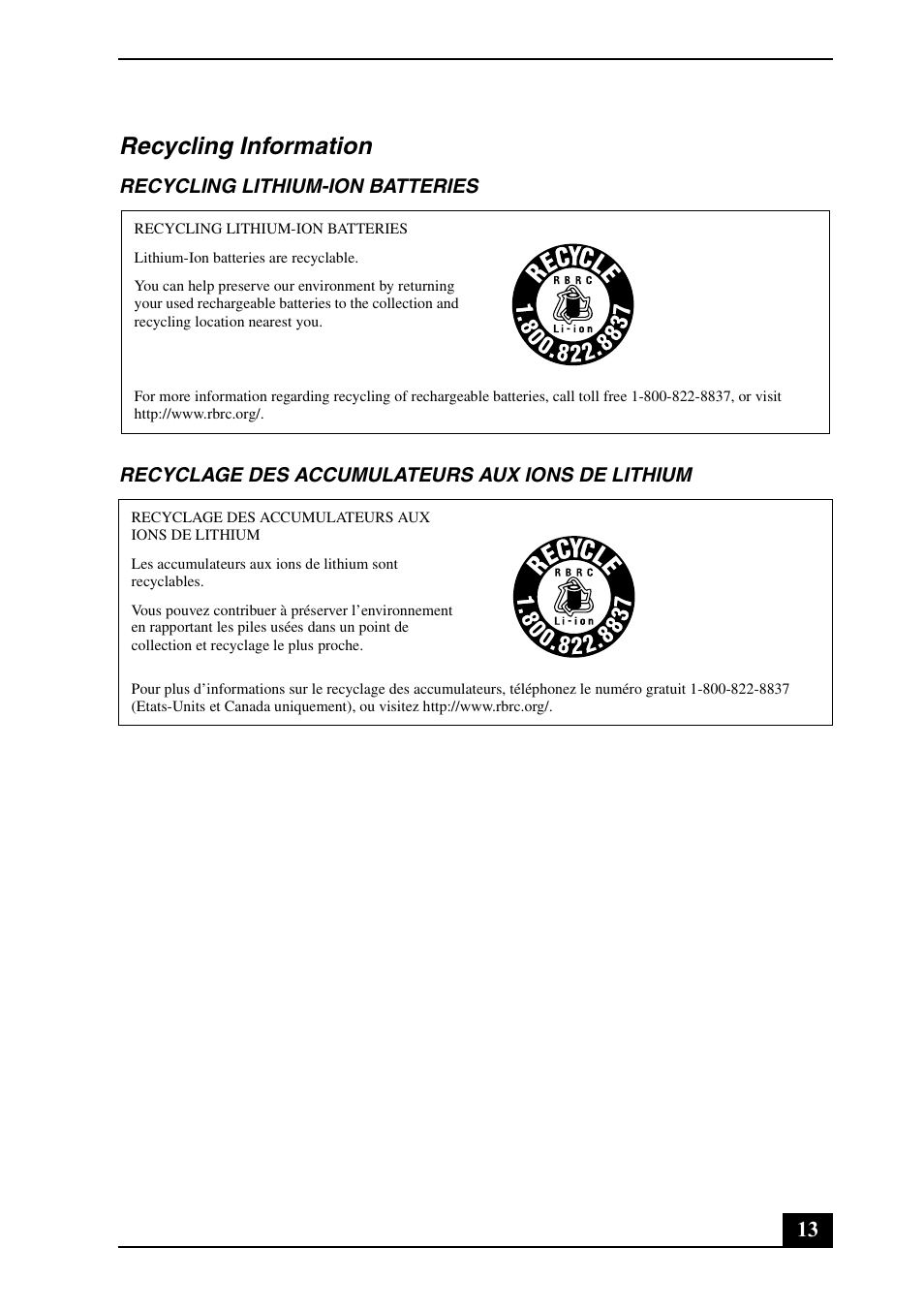 Recycling information | Sony VGN-CR307E User Manual | Page 13 / 28