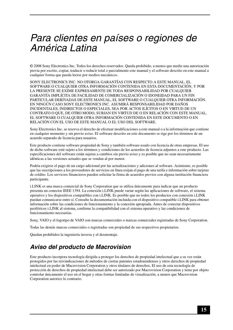 Aviso del producto de macrovision | Sony VGN-CR307E User Manual | Page 15 / 28