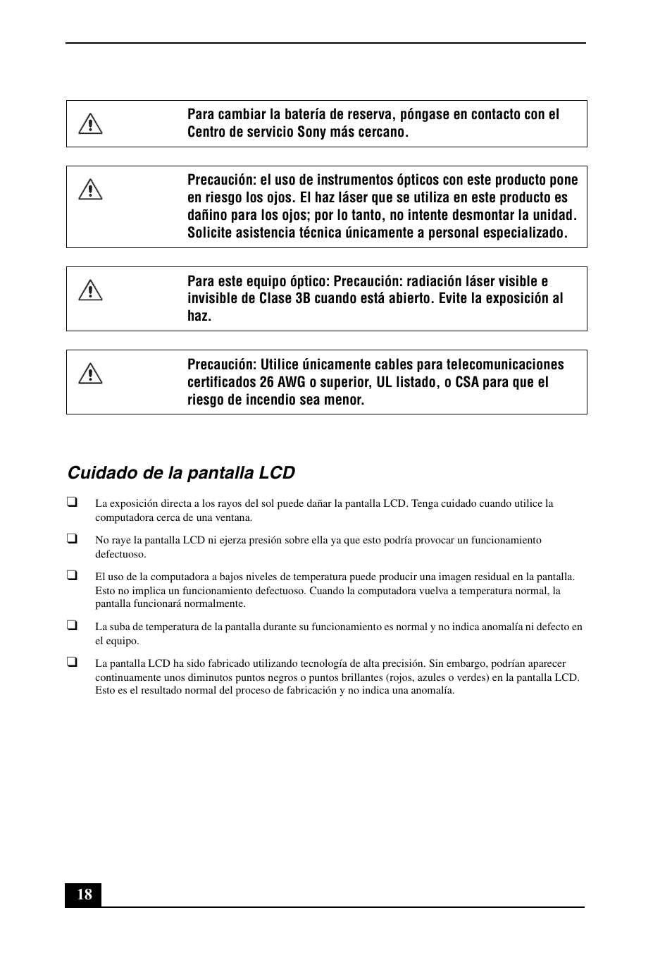 Cuidado de la pantalla lcd | Sony VGN-CR307E User Manual | Page 18 / 28