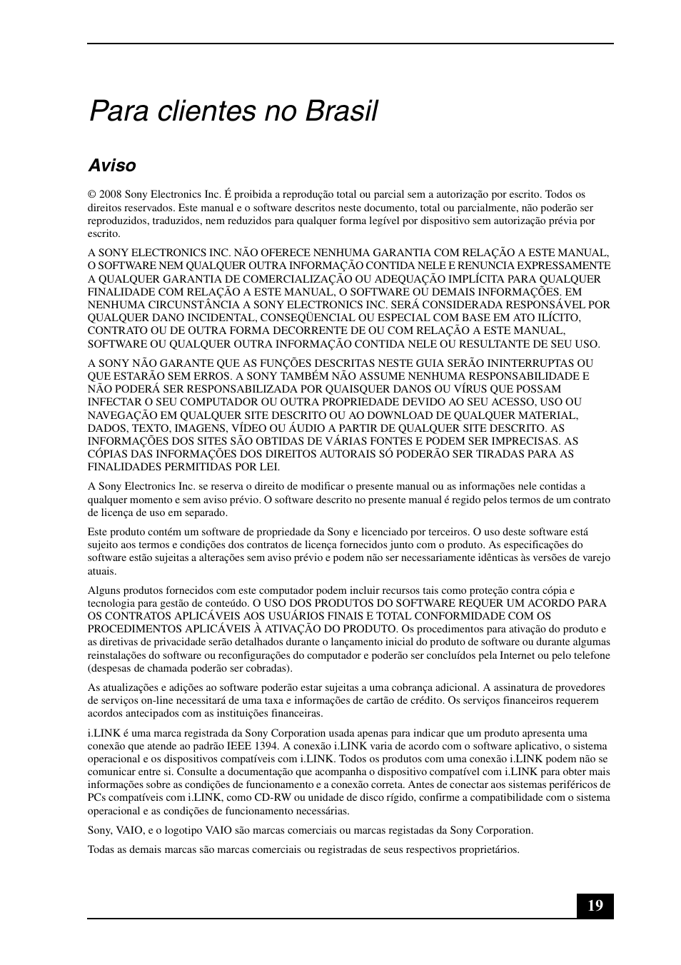 Para clientes no brasil, Aviso | Sony VGN-CR307E User Manual | Page 19 / 28
