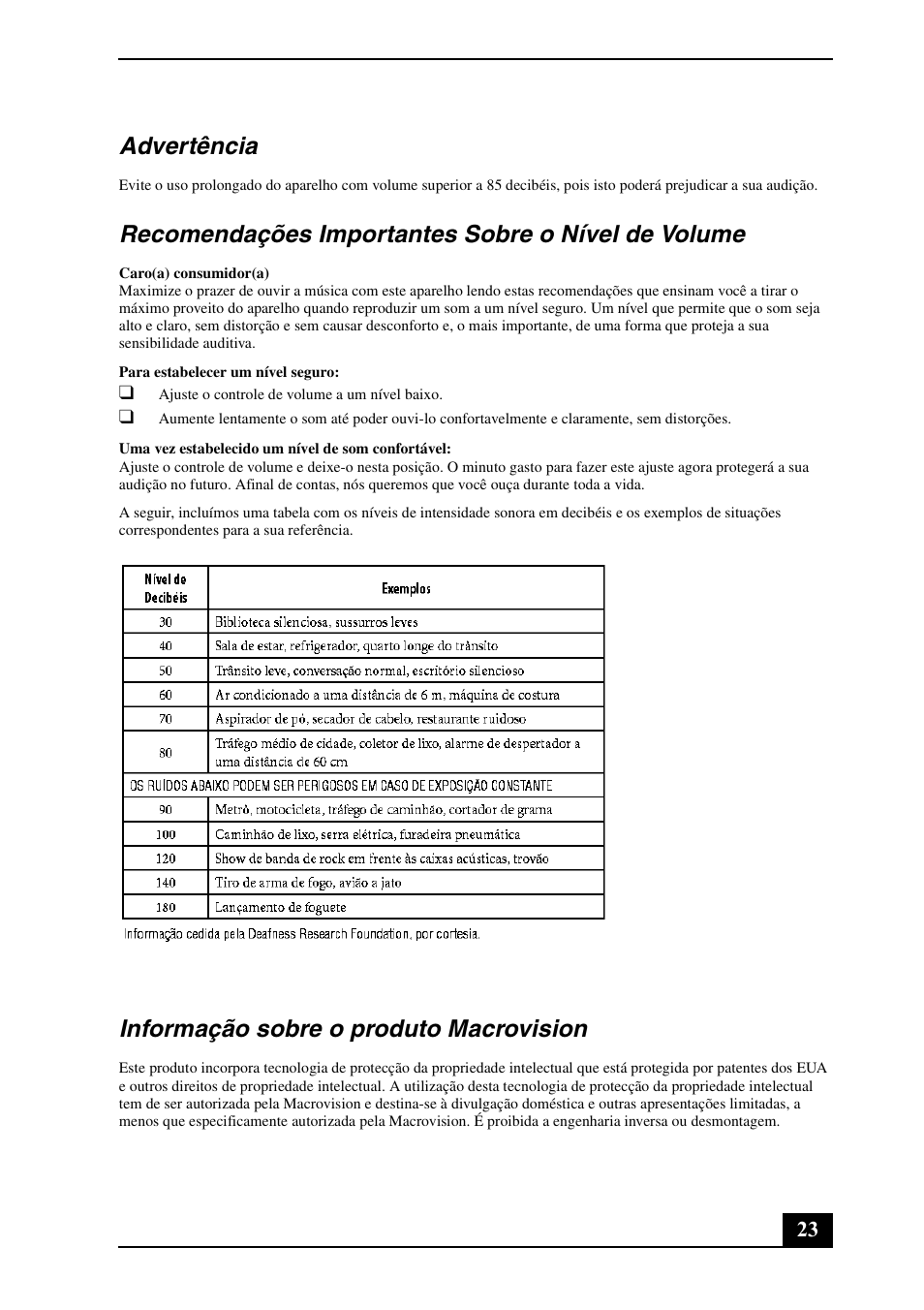 Advertência, Recomendações importantes sobre o nível de volume, Informação sobre o produto macrovision | Sony VGN-CR307E User Manual | Page 23 / 28