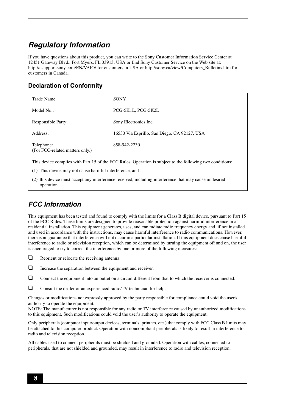 Regulatory information, Fcc information, Declaration of conformity | Sony VGN-CR307E User Manual | Page 8 / 28