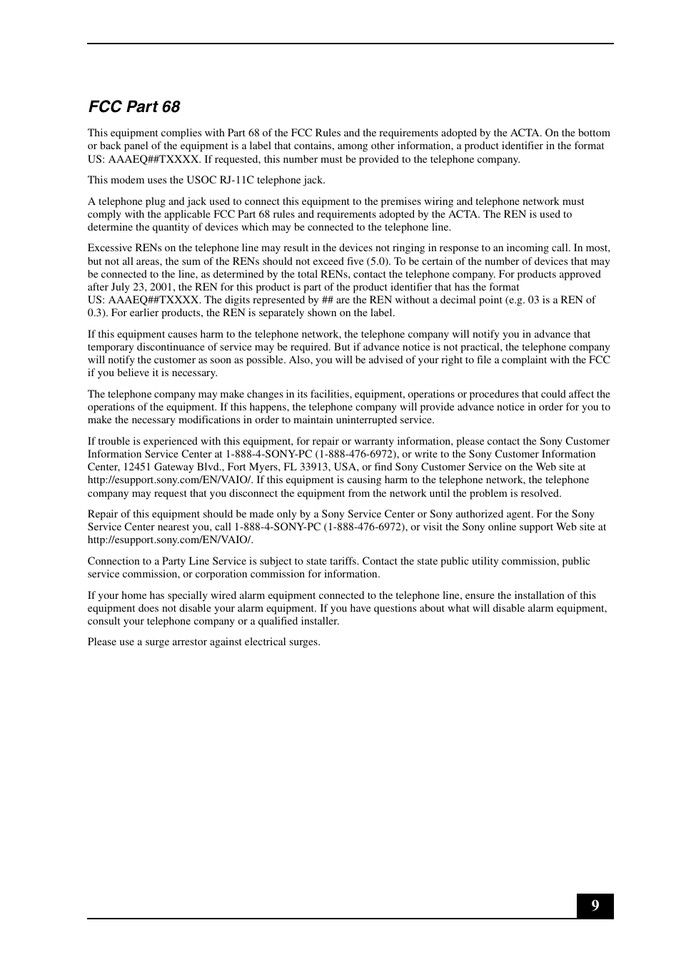 9fcc part 68 | Sony VGN-CR307E User Manual | Page 9 / 28
