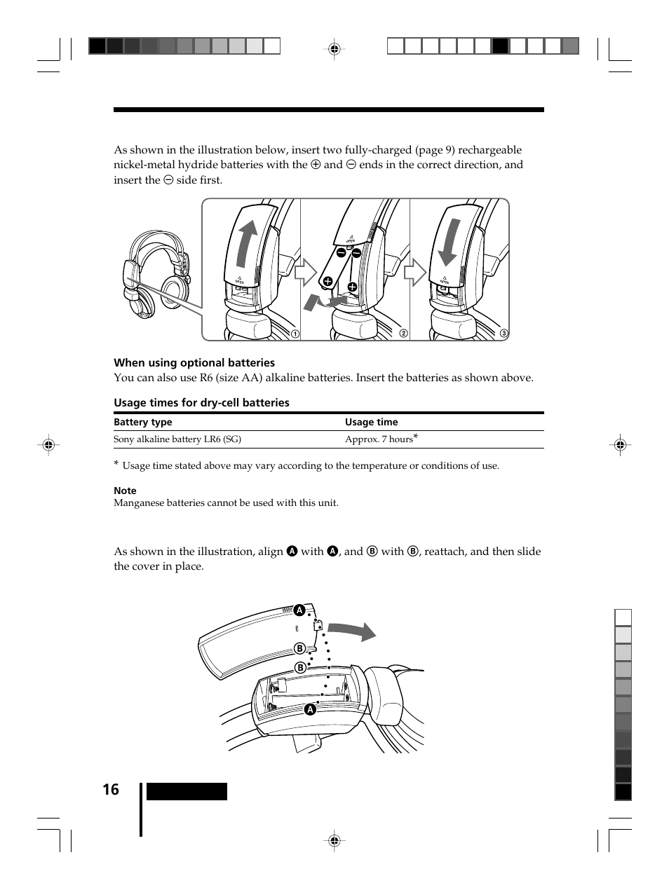 Inserting the batteries in the headphones, Inserting the batteries in the, Headphones | Sony MDR-DS8000 User Manual | Page 16 / 88