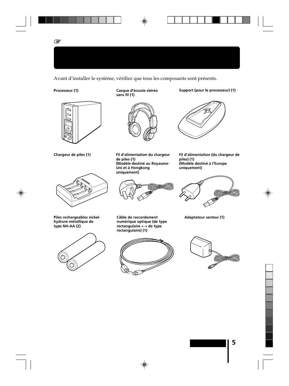 Inventaire des composants et des accessoires, Inventaire des composants, Et des accessoires | 1 préparation | Sony MDR-DS8000 User Manual | Page 33 / 88