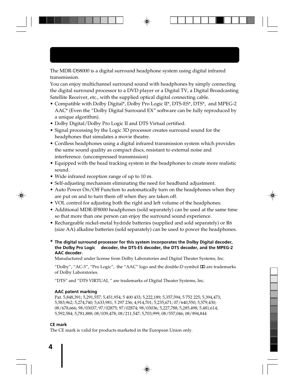 Main features | Sony MDR-DS8000 User Manual | Page 4 / 88