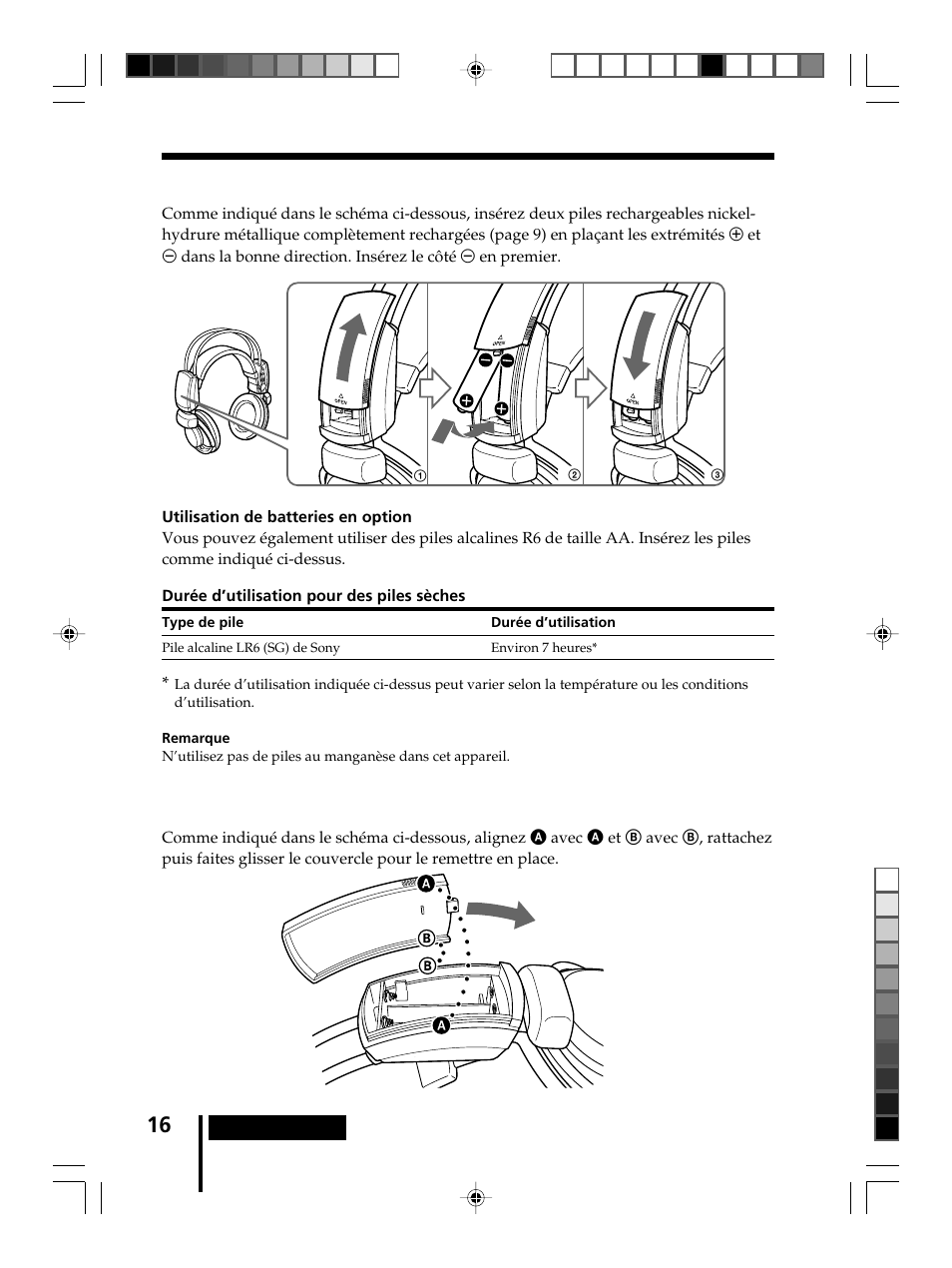 Pose des piles dans le casque d’écoute, Pose des piles dans le, Casque d’écoute | Sony MDR-DS8000 User Manual | Page 44 / 88