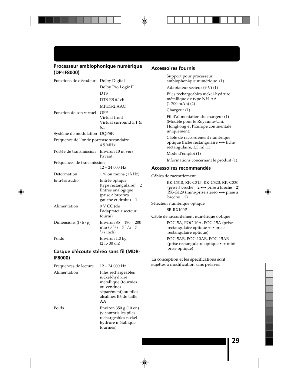 Caractéristiques techniques, Spécifications | Sony MDR-DS8000 User Manual | Page 57 / 88