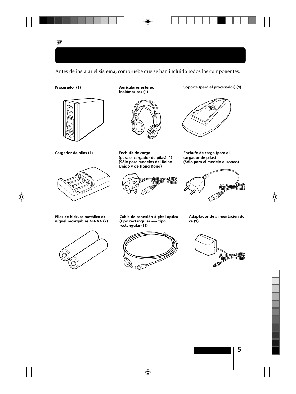 Comprobación de componentes y accesorios, Comprobación de, Componentes y accesorios | 1 preparación | Sony MDR-DS8000 User Manual | Page 61 / 88