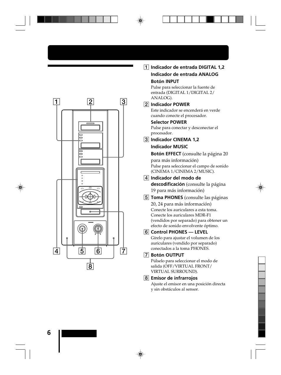 Ubicación y función de las piezas, Panel frontal del procesador, Ubicación y función | De las piezas | Sony MDR-DS8000 User Manual | Page 62 / 88