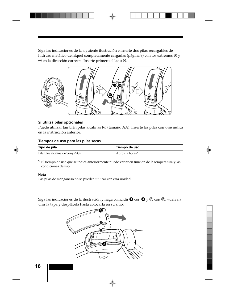 Inserción de las pilas en los auriculares, Inserción de las pilas, En los auriculares | Sony MDR-DS8000 User Manual | Page 72 / 88