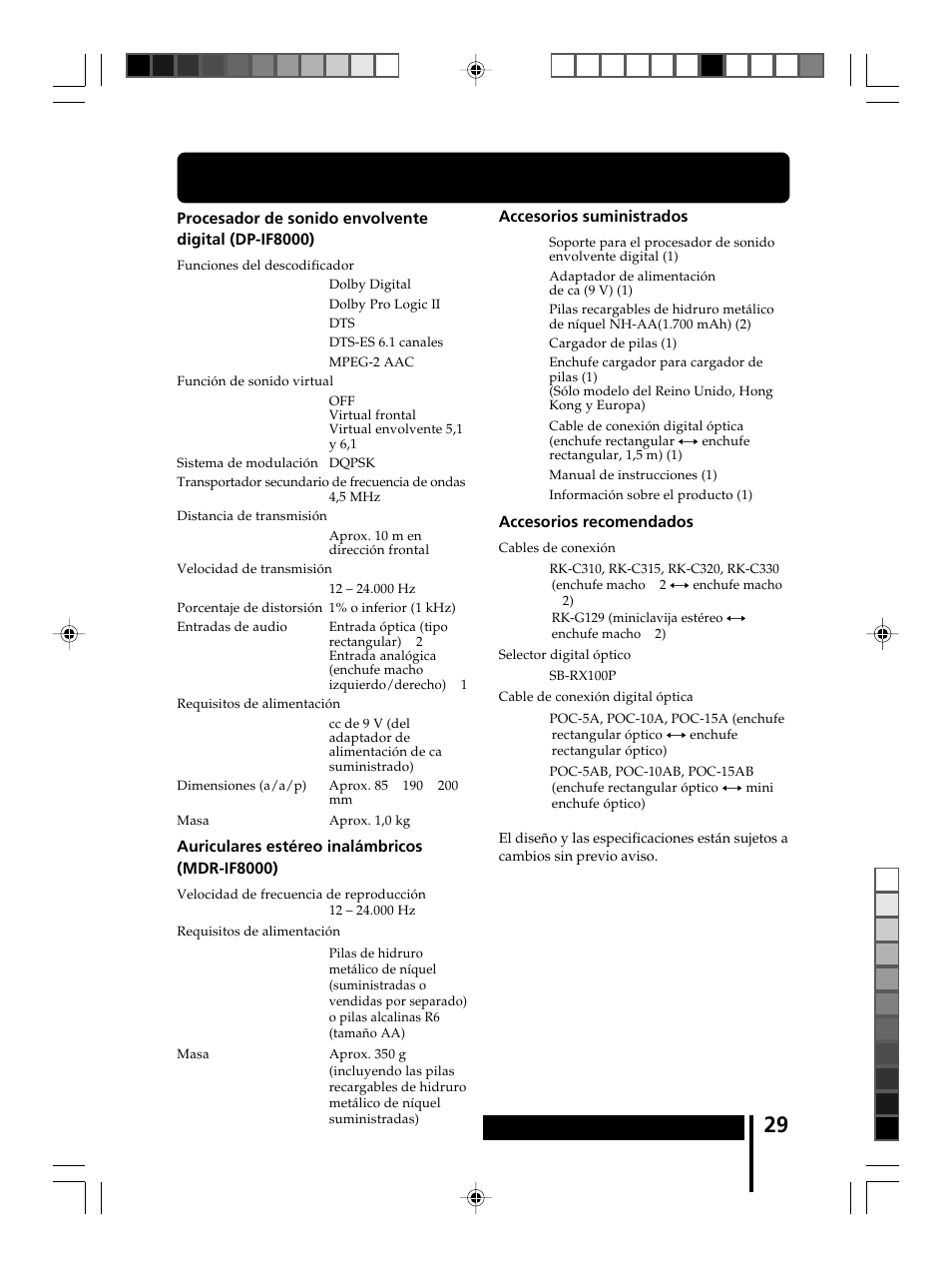 Especificaciones | Sony MDR-DS8000 User Manual | Page 85 / 88