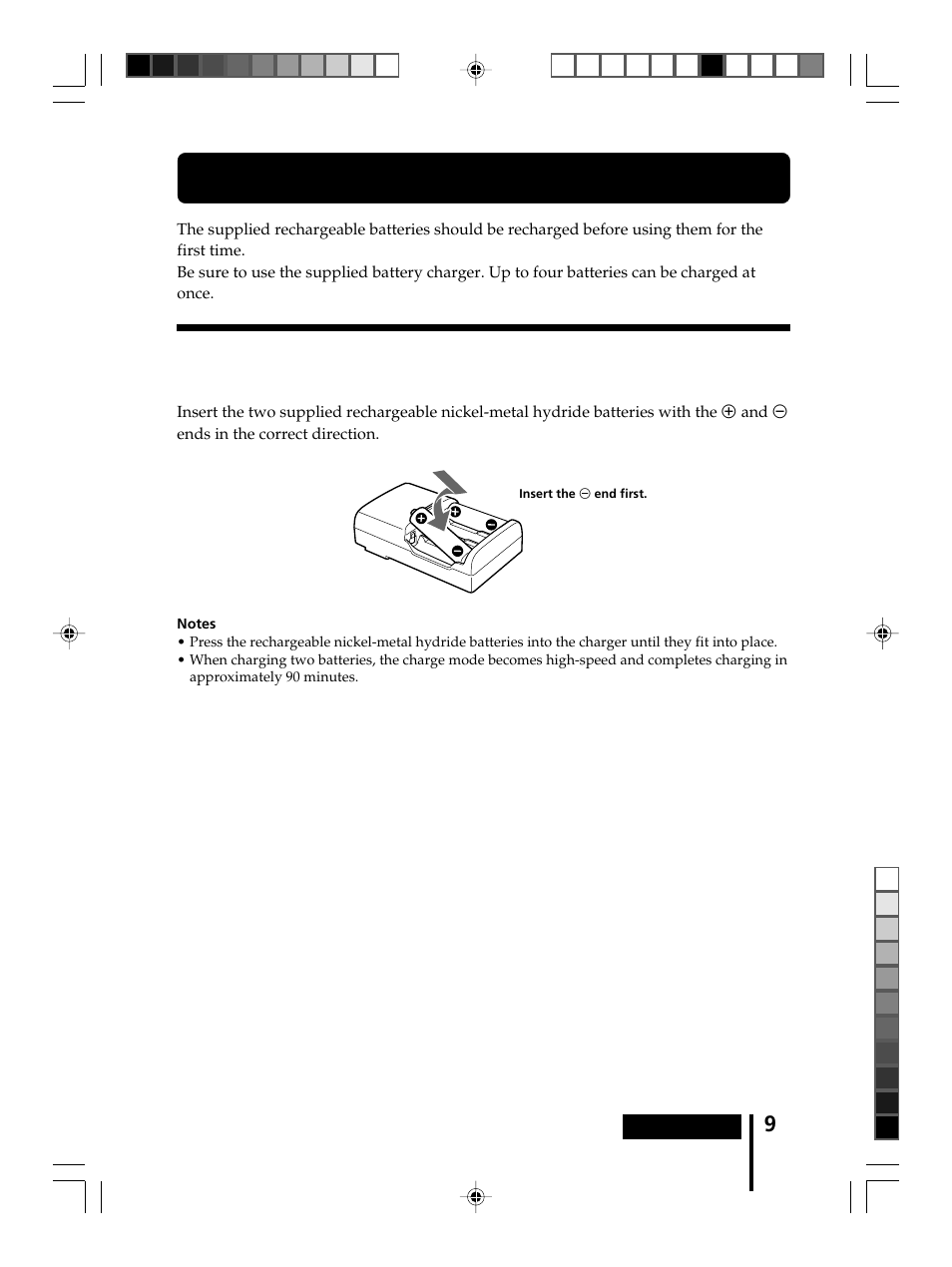 Charging the rechargeable batteries, Charging the rechargeable, Batteries | Inserting the rechargeable batteries, Into the battery charger | Sony MDR-DS8000 User Manual | Page 9 / 88