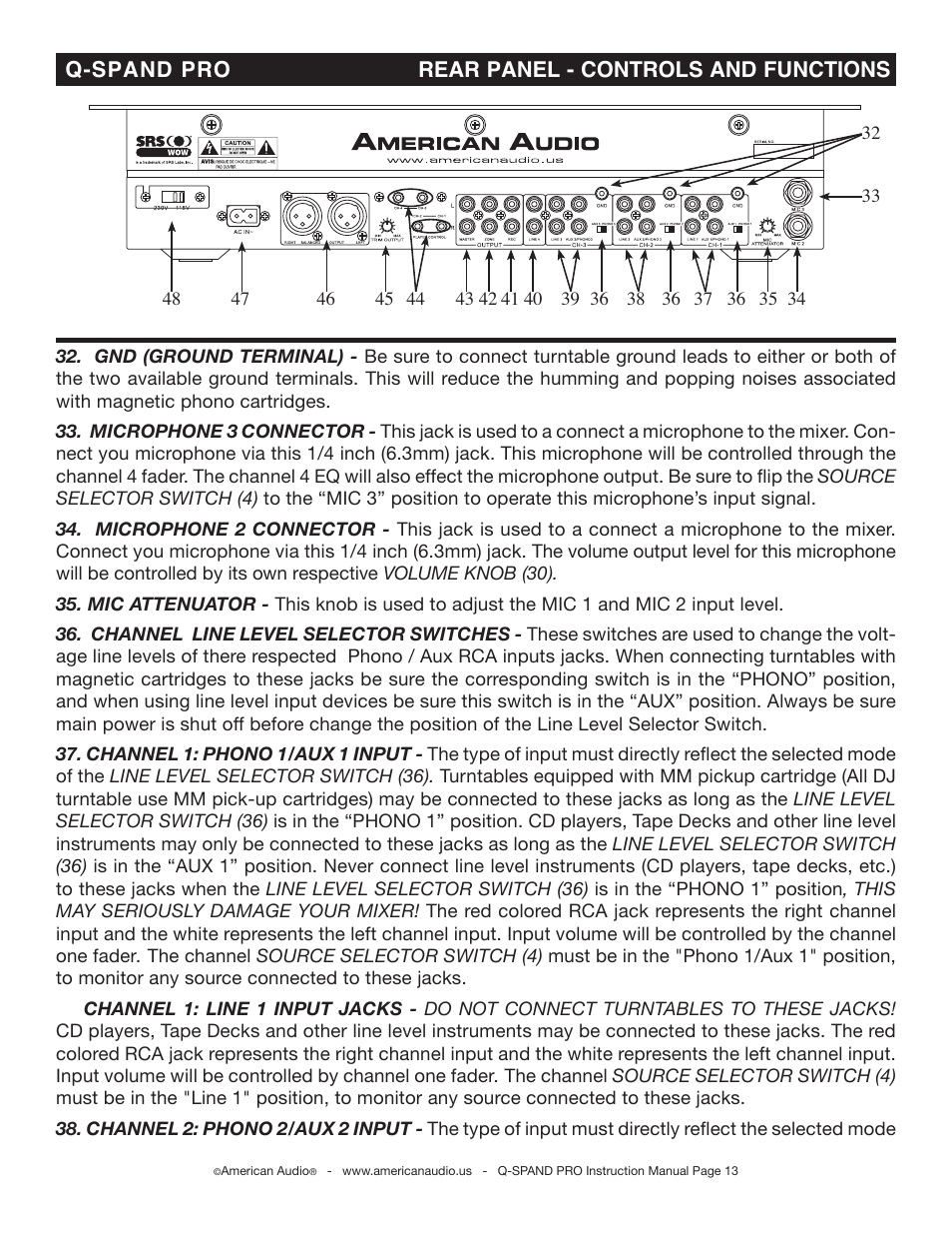 Q-spand pro rear panel - controls and functions | American Audio Q-Spand Pro User Manual | Page 13 / 23