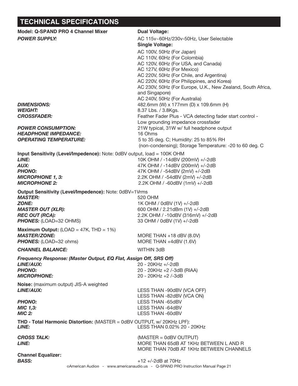 Technical specifications | American Audio Q-Spand Pro User Manual | Page 21 / 23