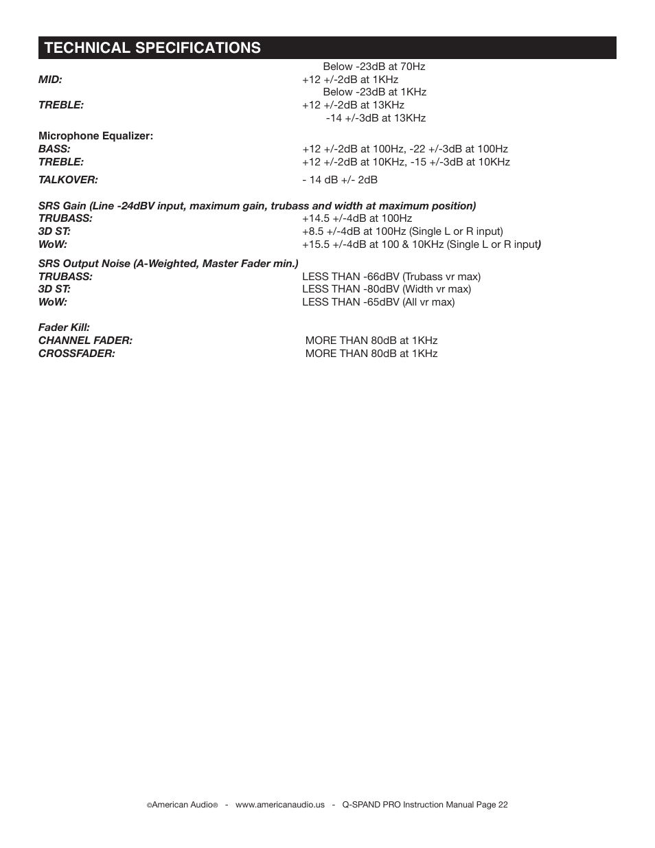 Technical specifications | American Audio Q-Spand Pro User Manual | Page 22 / 23