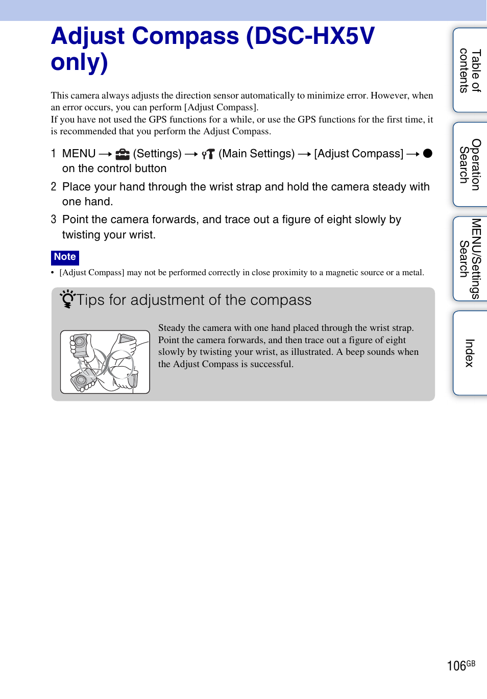 Adjust compass (dsc-hx5v only), Tips for adjustment of the compass | Sony DSC-HX5V User Manual | Page 106 / 160