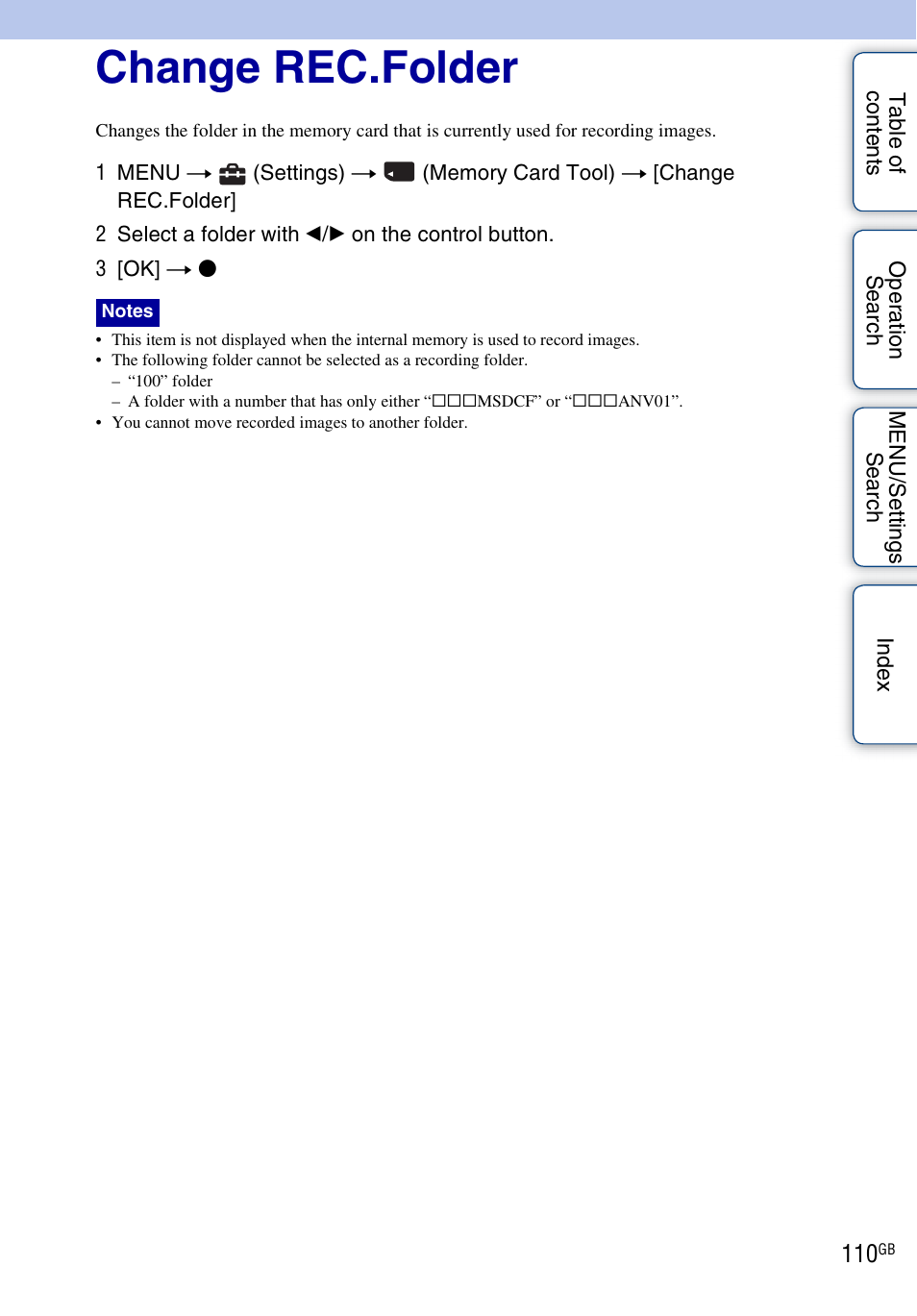 Change rec.folder | Sony DSC-HX5V User Manual | Page 110 / 160