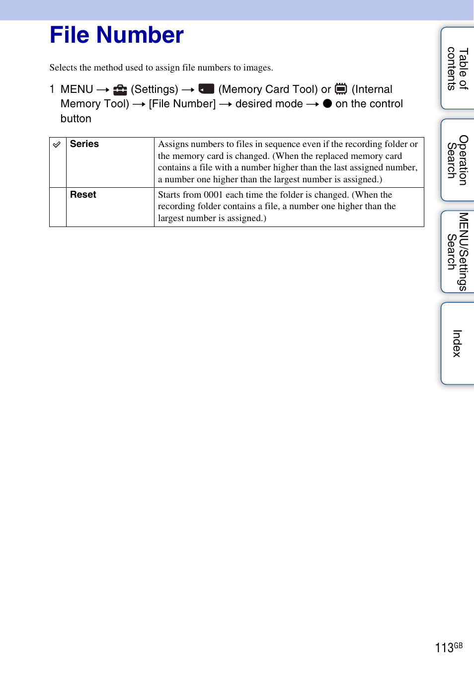 File number | Sony DSC-HX5V User Manual | Page 113 / 160