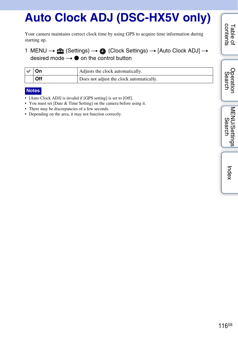 Auto clock adj (dsc-hx5v only) | Sony DSC-HX5V User Manual | Page 116 / 160