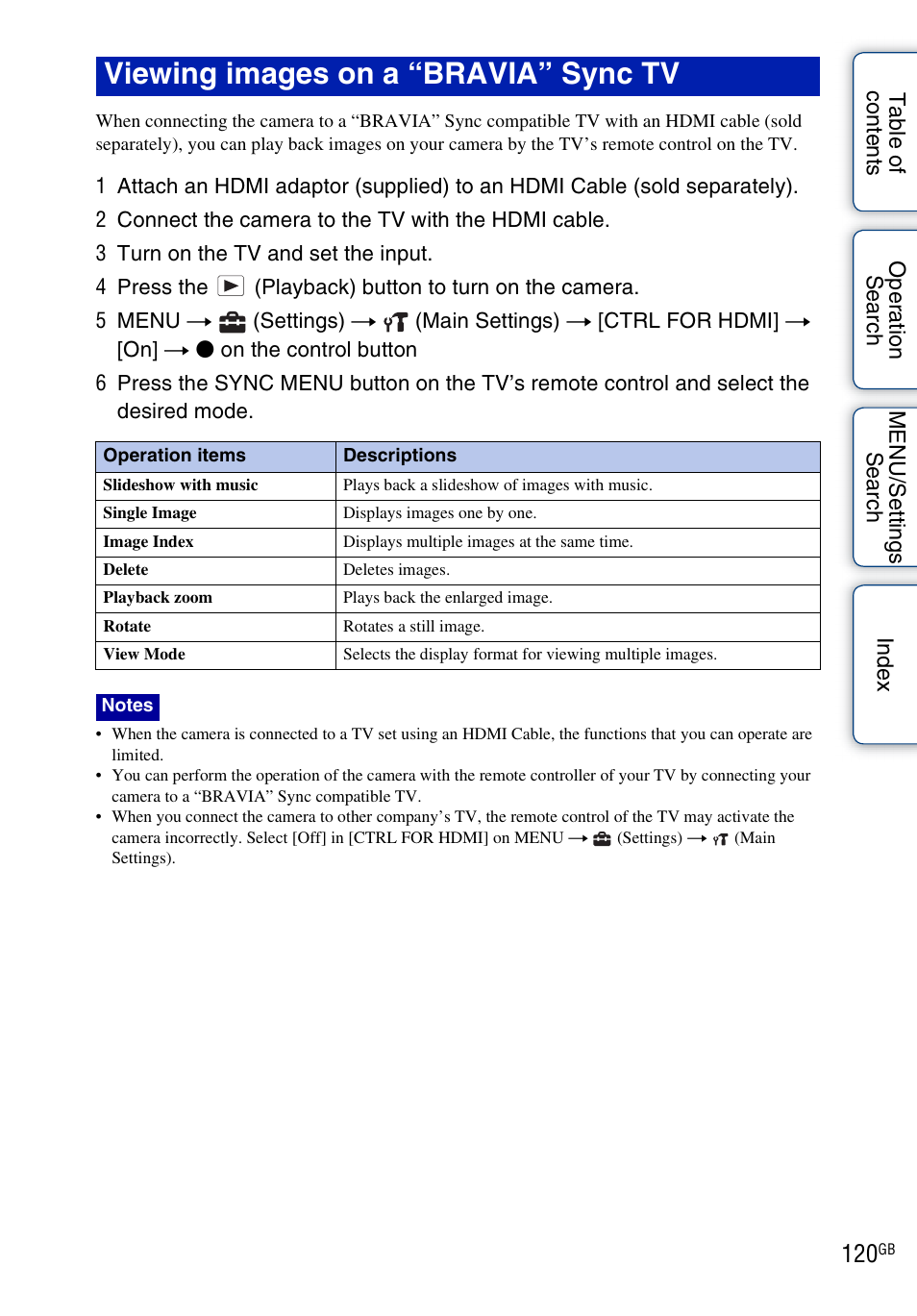 Viewing images on a “bravia” sync tv | Sony DSC-HX5V User Manual | Page 120 / 160