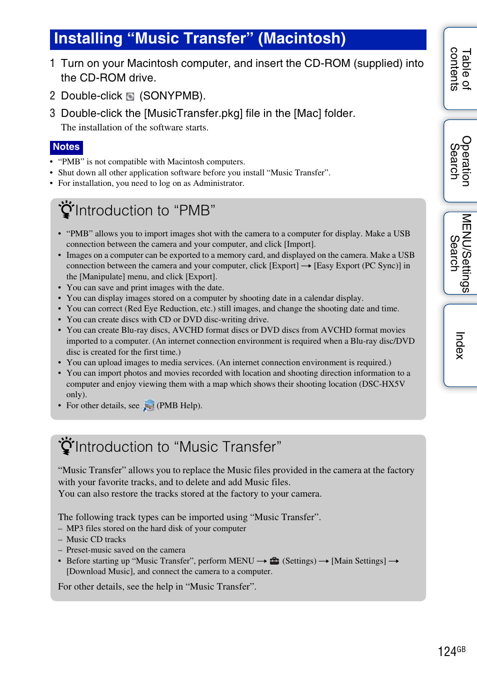 Installing “music transfer” (macintosh), Introduction to “pmb, Introduction to “music transfer | Sony DSC-HX5V User Manual | Page 124 / 160