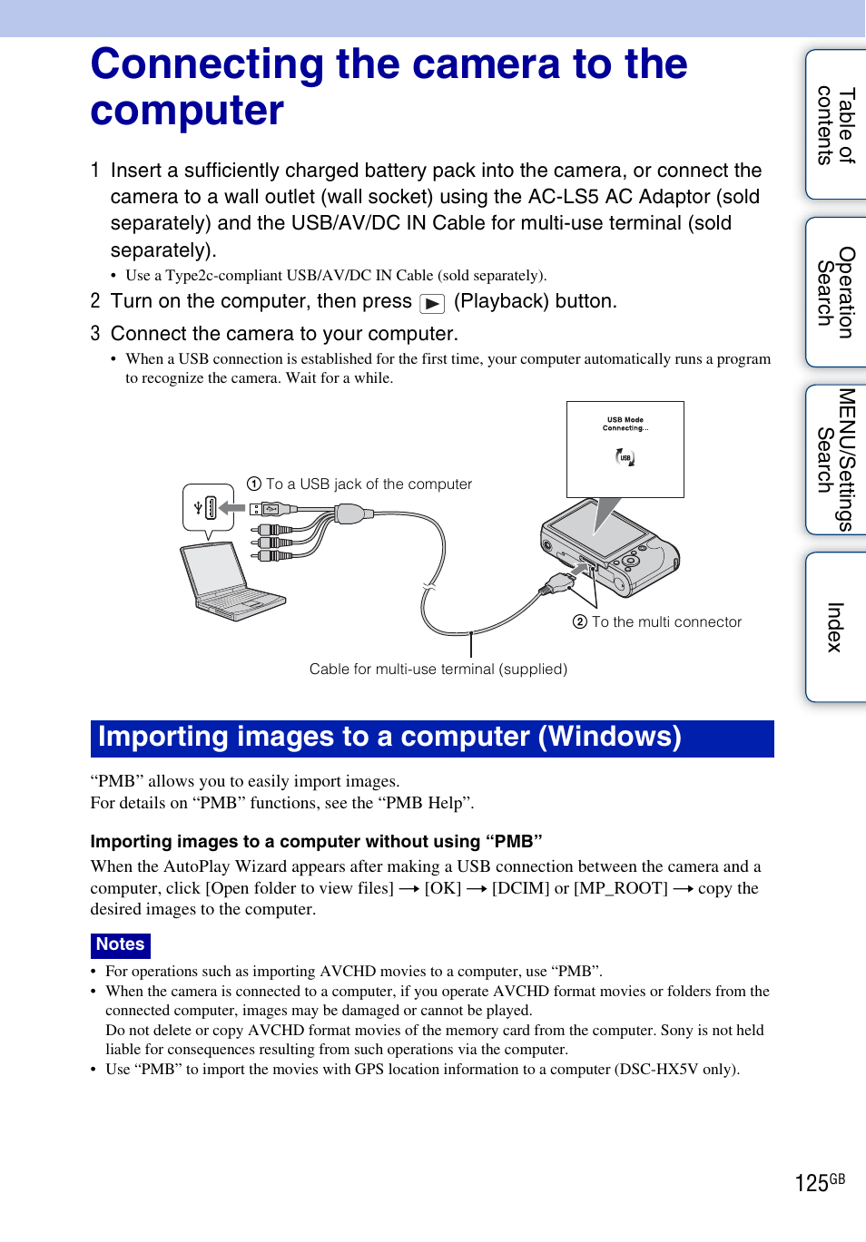 Connecting the camera to the computer, 125 w, Importing images to a computer (windows) | Sony DSC-HX5V User Manual | Page 125 / 160