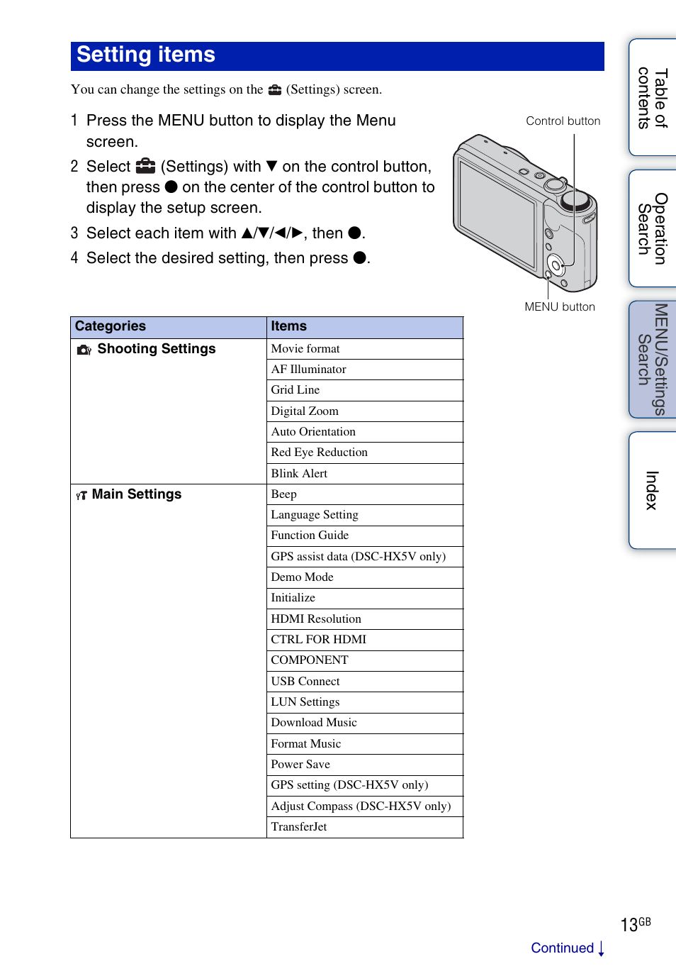 Setting items | Sony DSC-HX5V User Manual | Page 13 / 160
