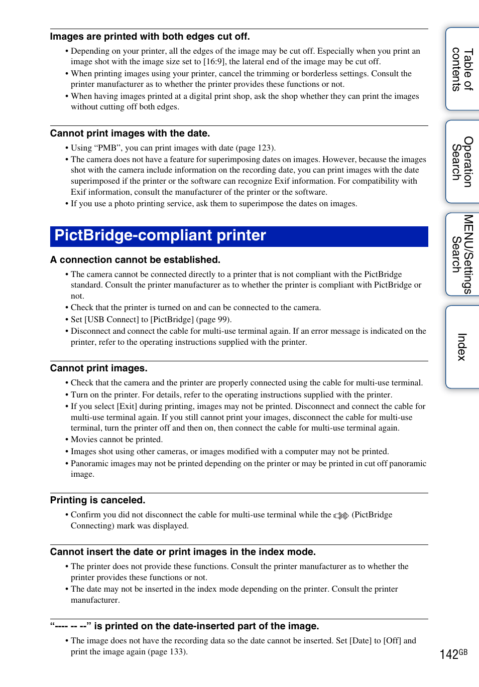 See “pictbridge-compliant printer, Pictbridge-compliant printer | Sony DSC-HX5V User Manual | Page 142 / 160