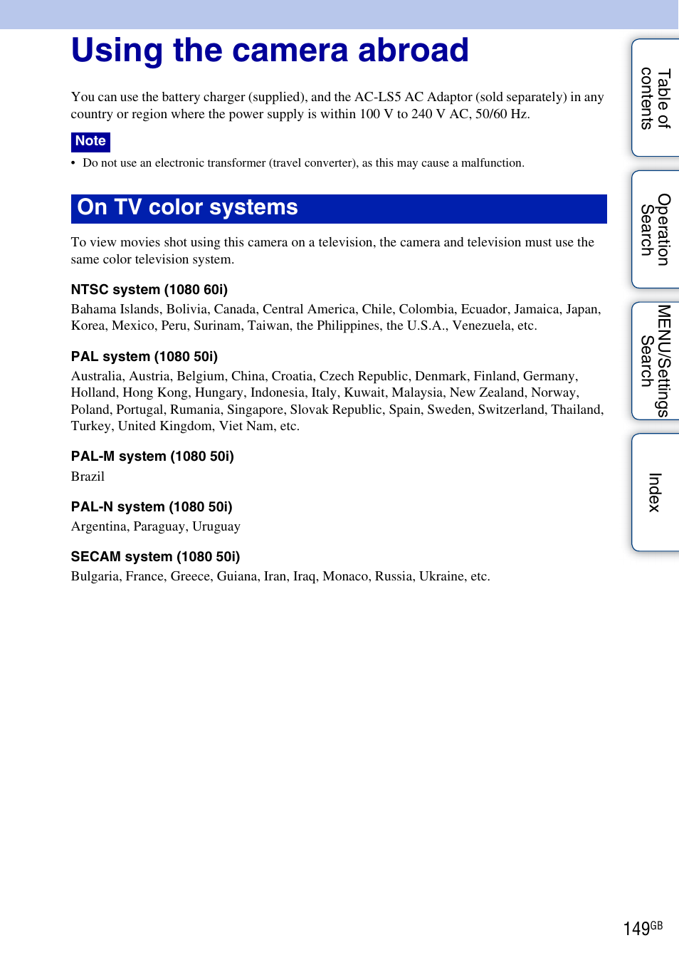 Using the camera abroad, On tv color systems | Sony DSC-HX5V User Manual | Page 149 / 160