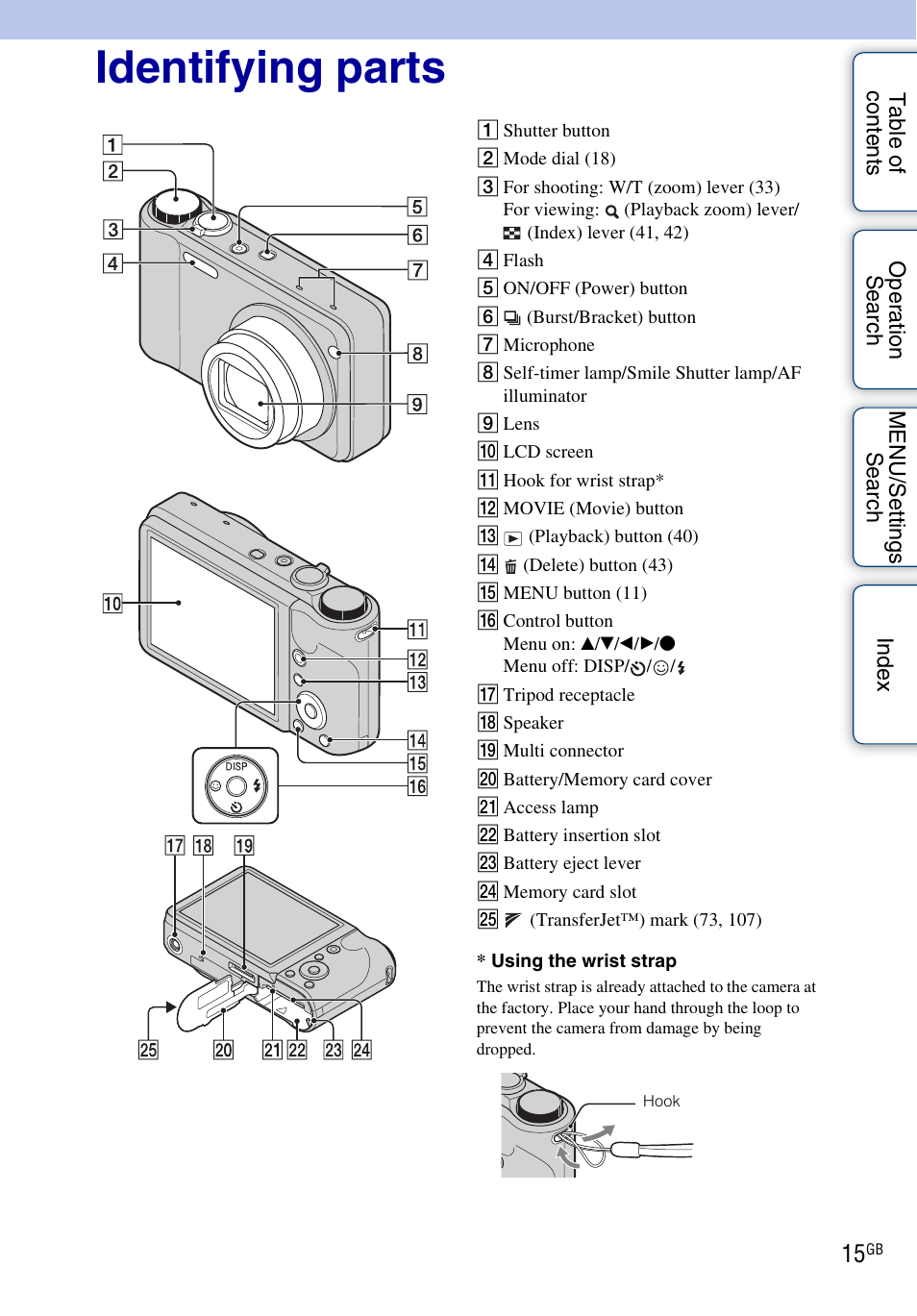 Identifying parts | Sony DSC-HX5V User Manual | Page 15 / 160