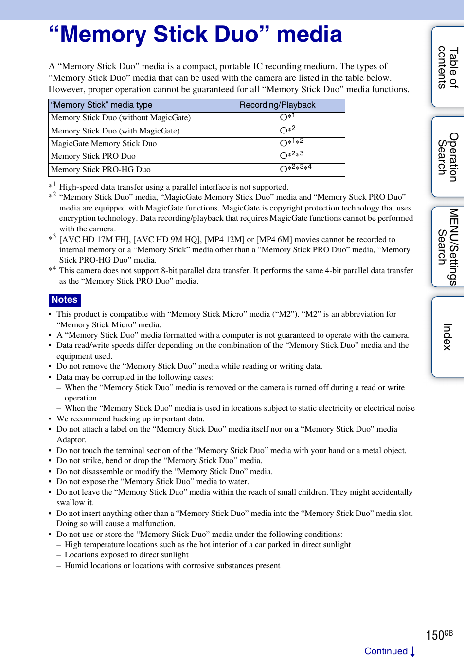 Memory stick duo” media | Sony DSC-HX5V User Manual | Page 150 / 160