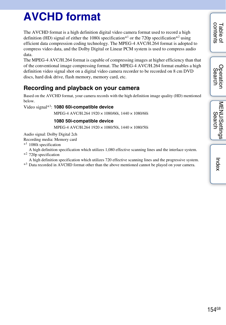 Avchd format, Recording and playback on your camera | Sony DSC-HX5V User Manual | Page 154 / 160