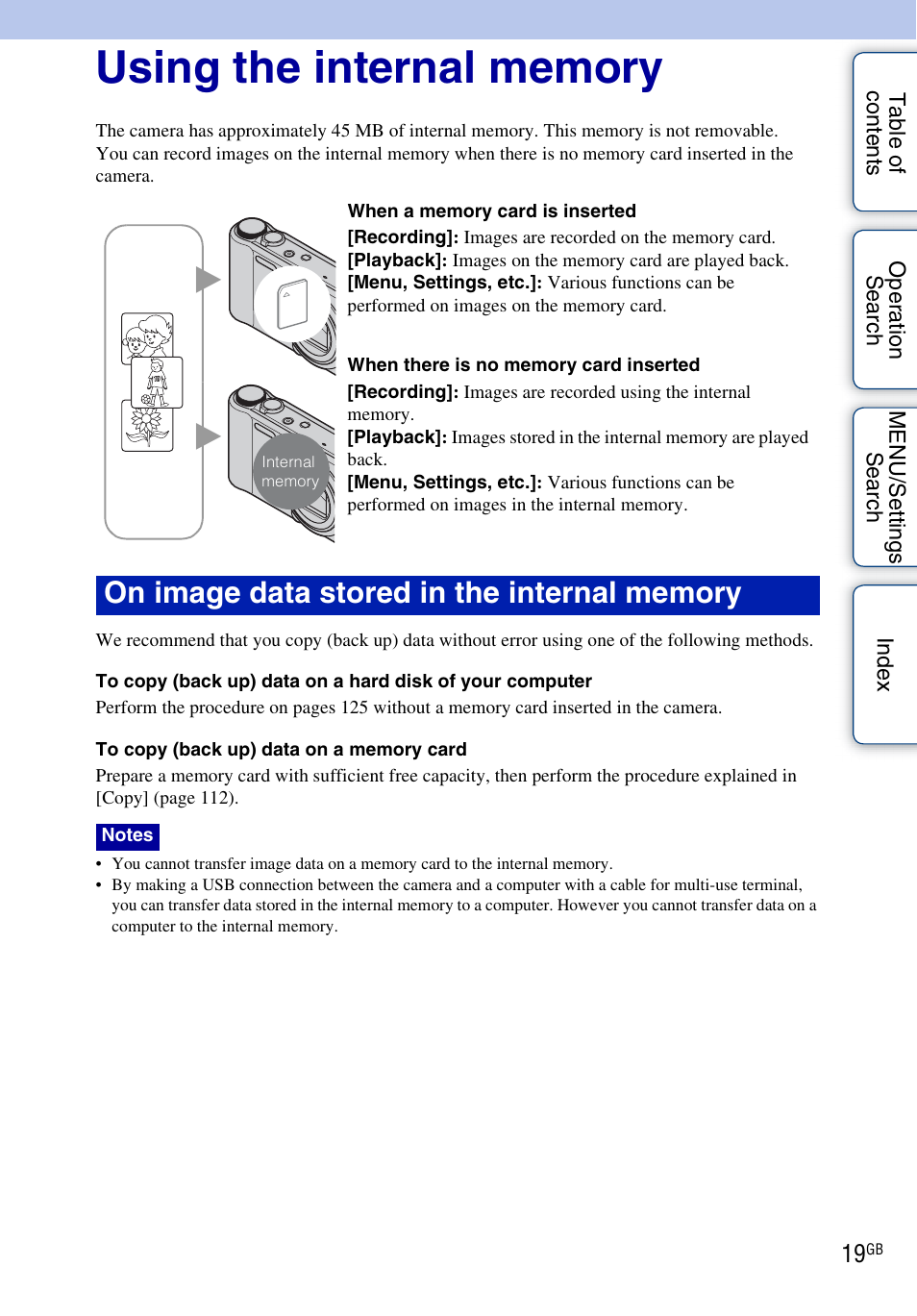 Using the internal memory | Sony DSC-HX5V User Manual | Page 19 / 160