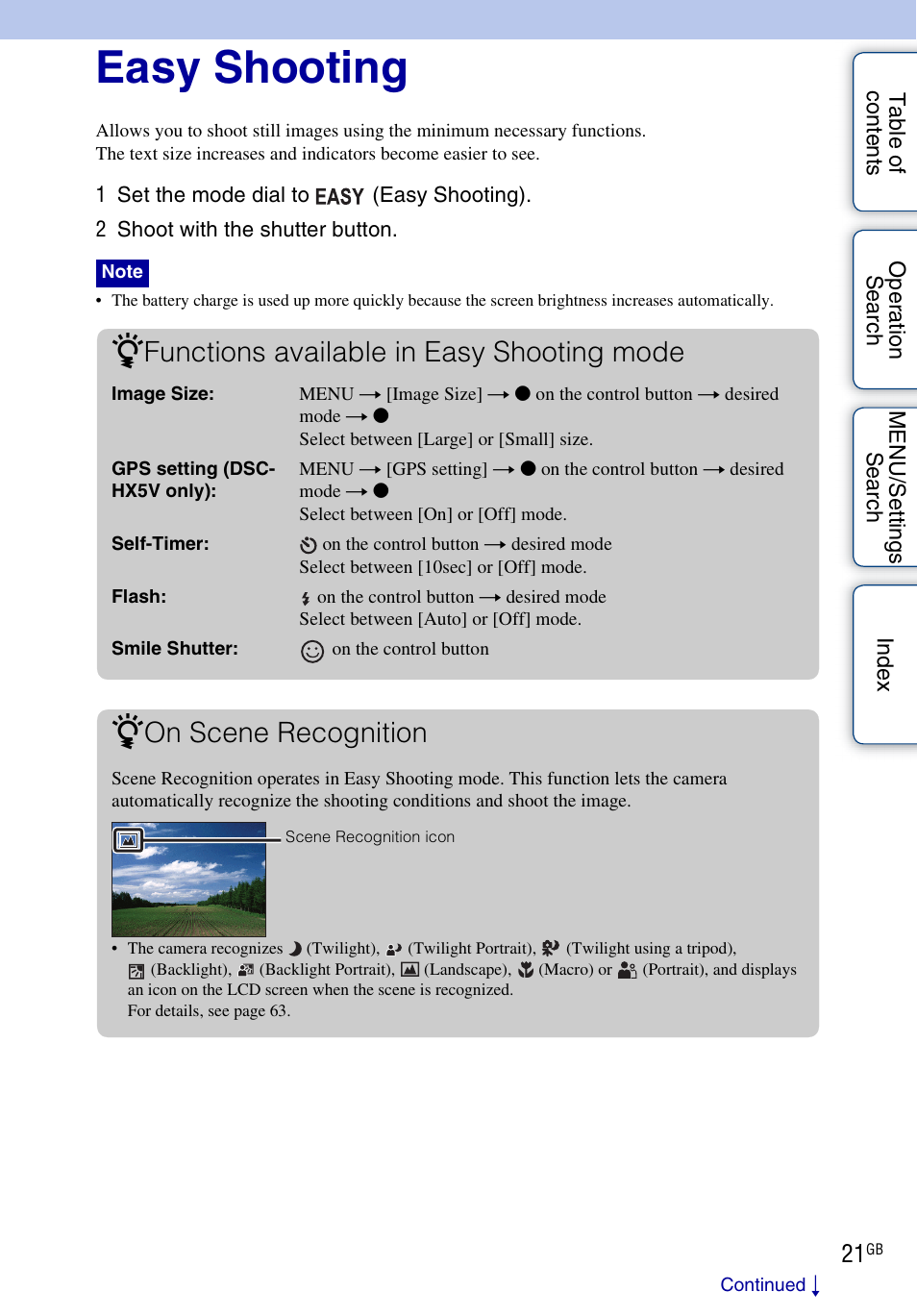 Easy shooting, Functions available in easy shooting mode, On scene recognition | Sony DSC-HX5V User Manual | Page 21 / 160