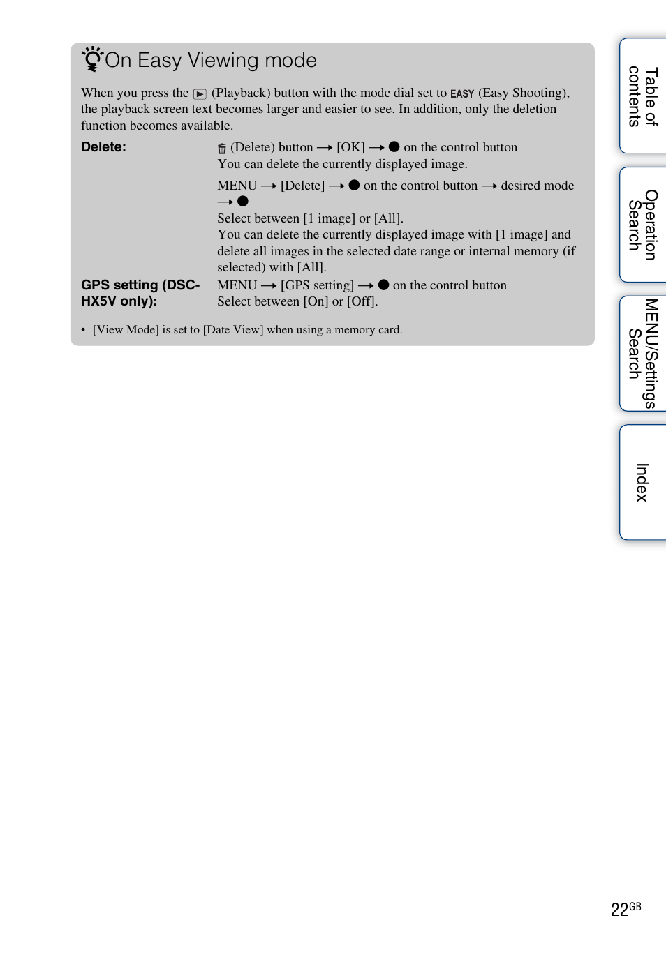 On easy viewing mode | Sony DSC-HX5V User Manual | Page 22 / 160