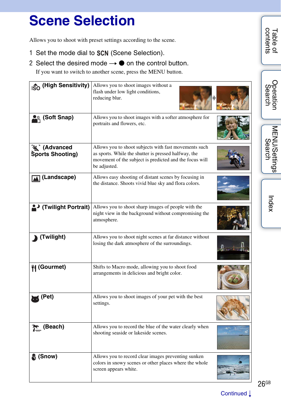 Scene selection | Sony DSC-HX5V User Manual | Page 26 / 160