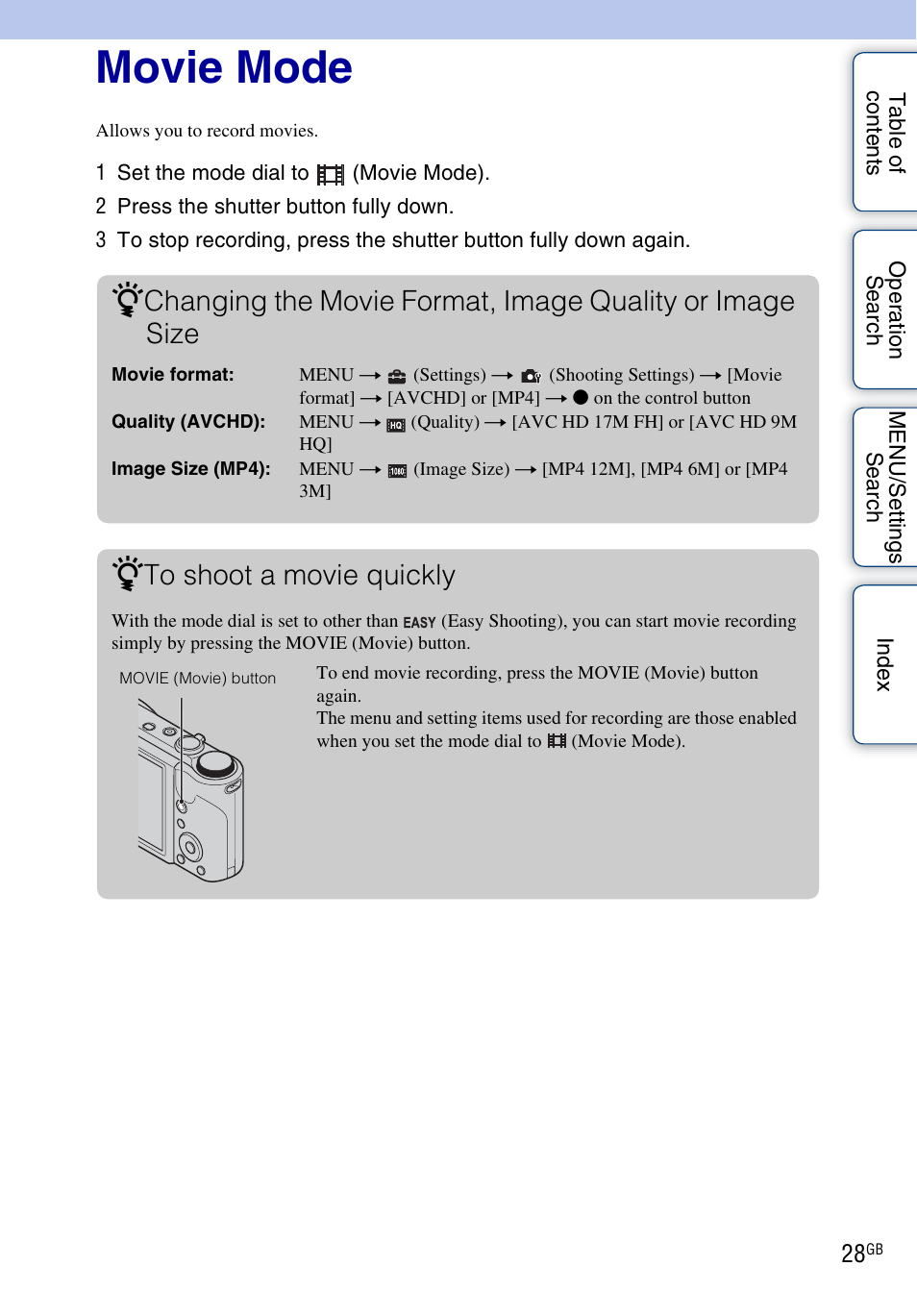 Movie mode | Sony DSC-HX5V User Manual | Page 28 / 160