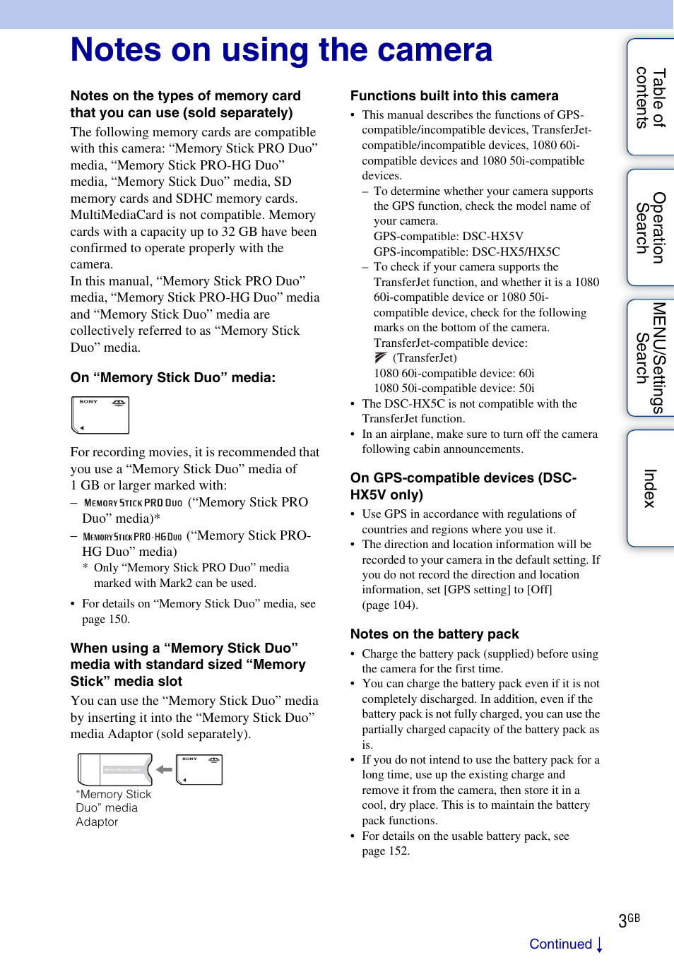 Notes on using the camera | Sony DSC-HX5V User Manual | Page 3 / 160