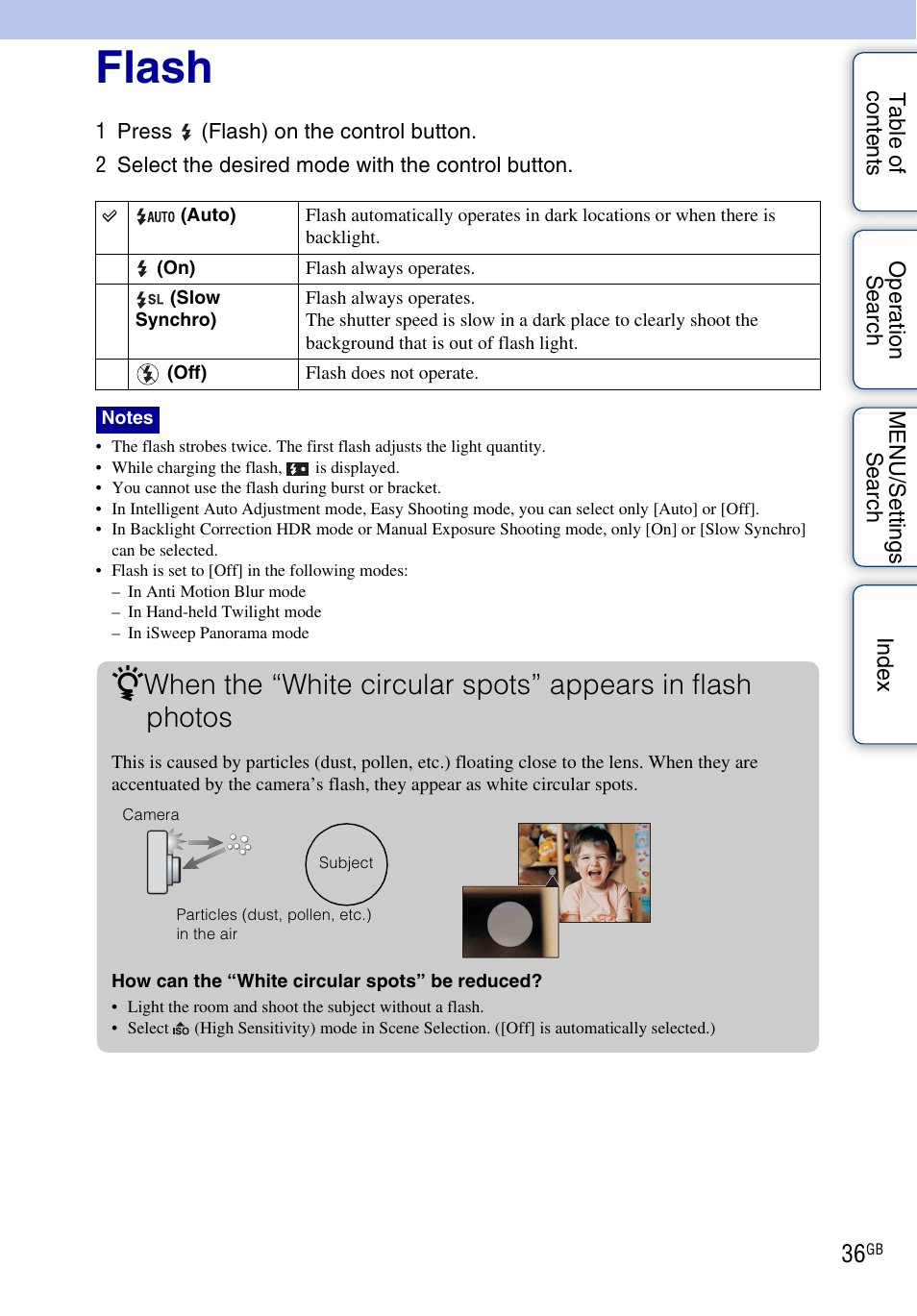 Flash | Sony DSC-HX5V User Manual | Page 36 / 160