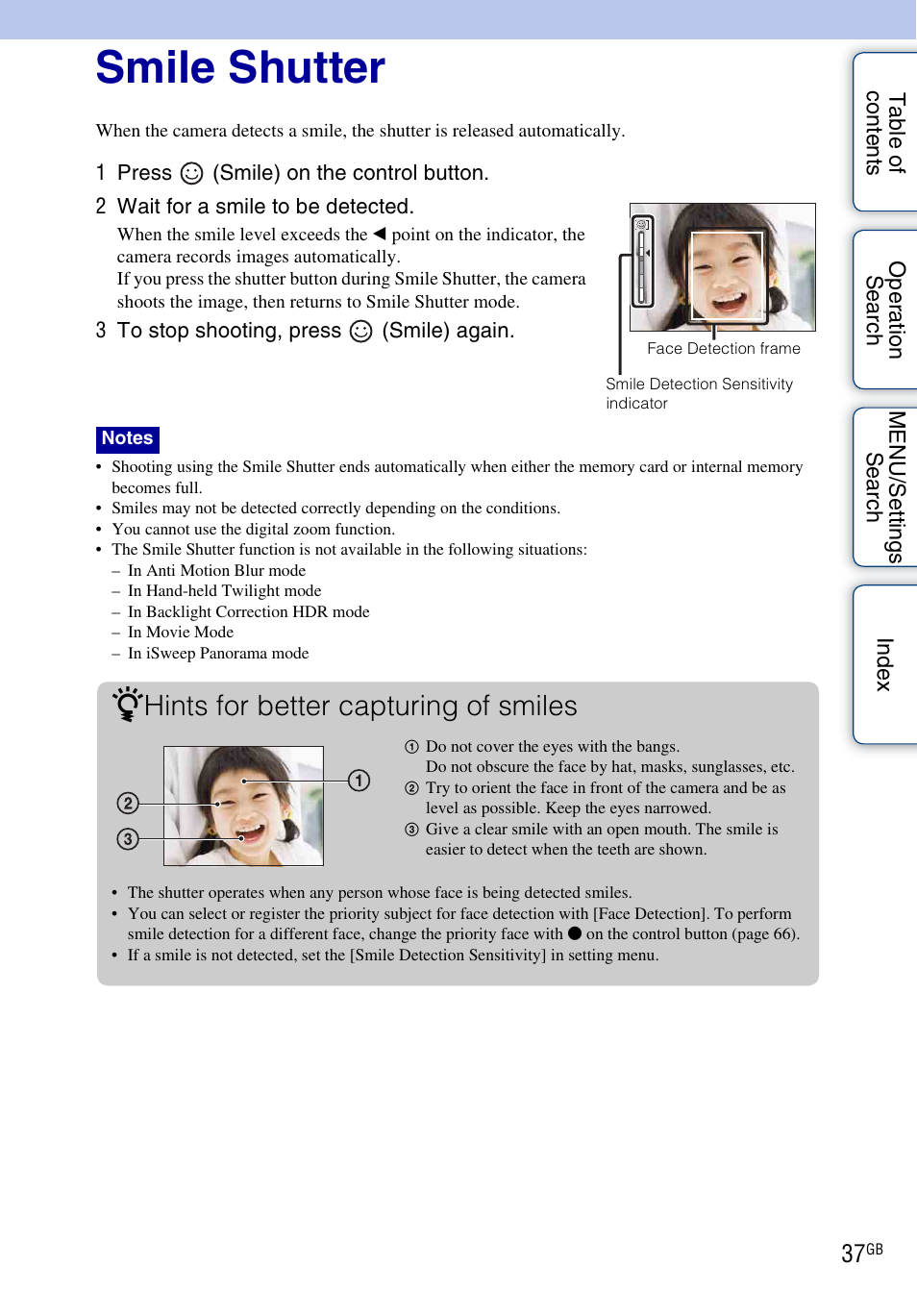 Smile shutter, Hints for better capturing of smiles | Sony DSC-HX5V User Manual | Page 37 / 160