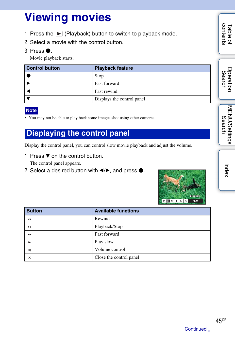 Viewing movies, Displaying the control panel | Sony DSC-HX5V User Manual | Page 45 / 160