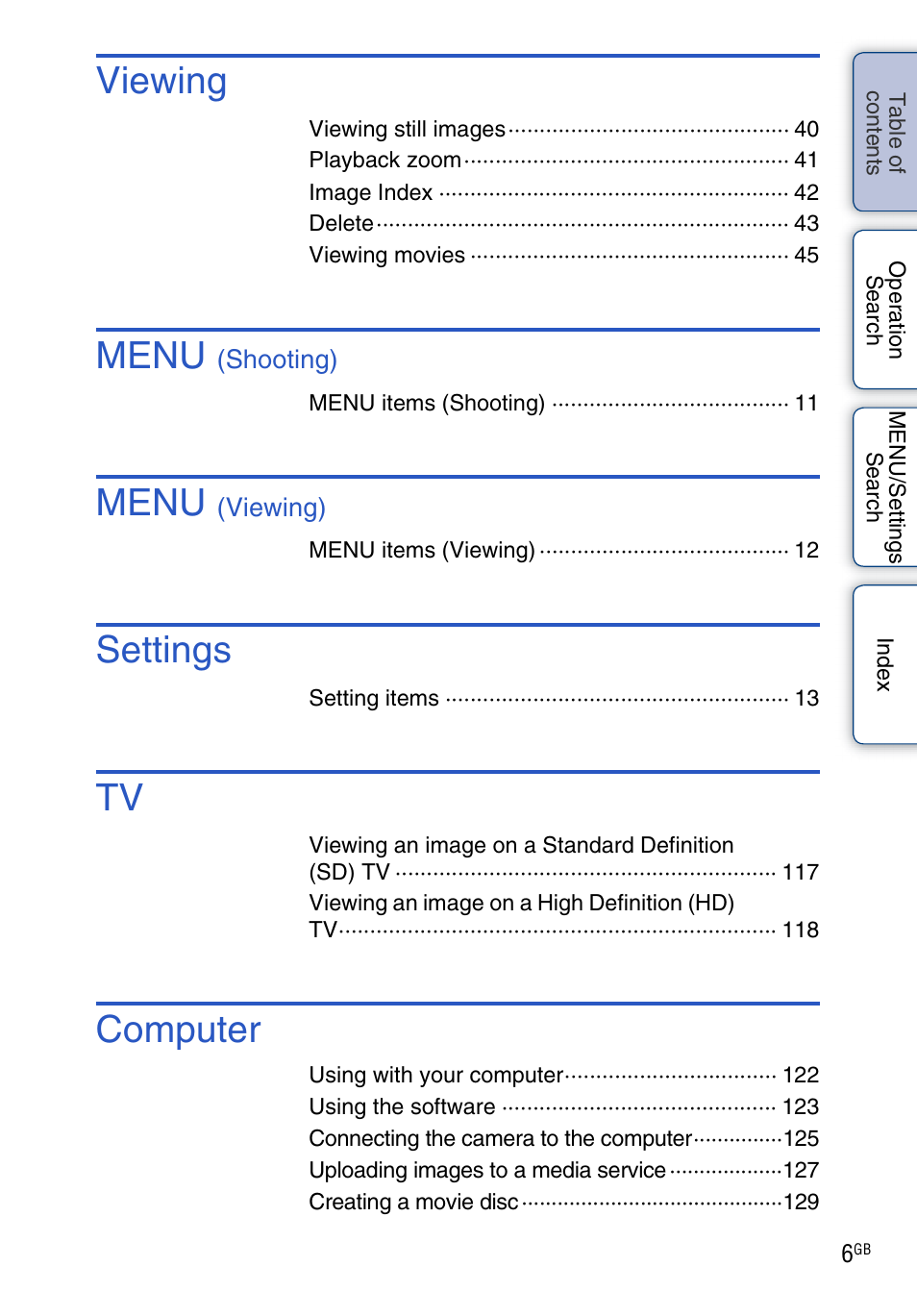 Viewing, Menu, Settings | Computer | Sony DSC-HX5V User Manual | Page 6 / 160