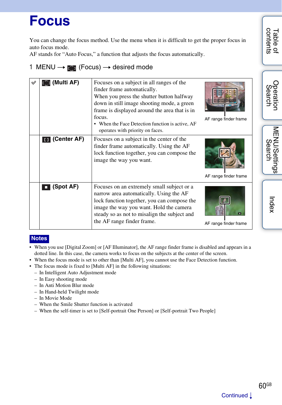 Focus | Sony DSC-HX5V User Manual | Page 60 / 160