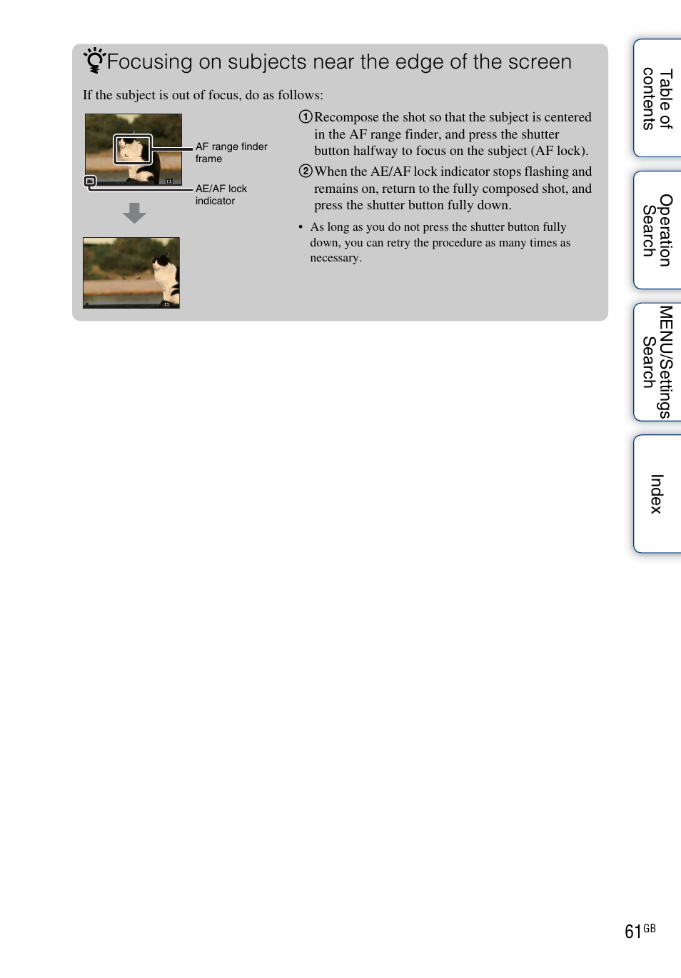 Focusing on subjects near the edge of the screen | Sony DSC-HX5V User Manual | Page 61 / 160