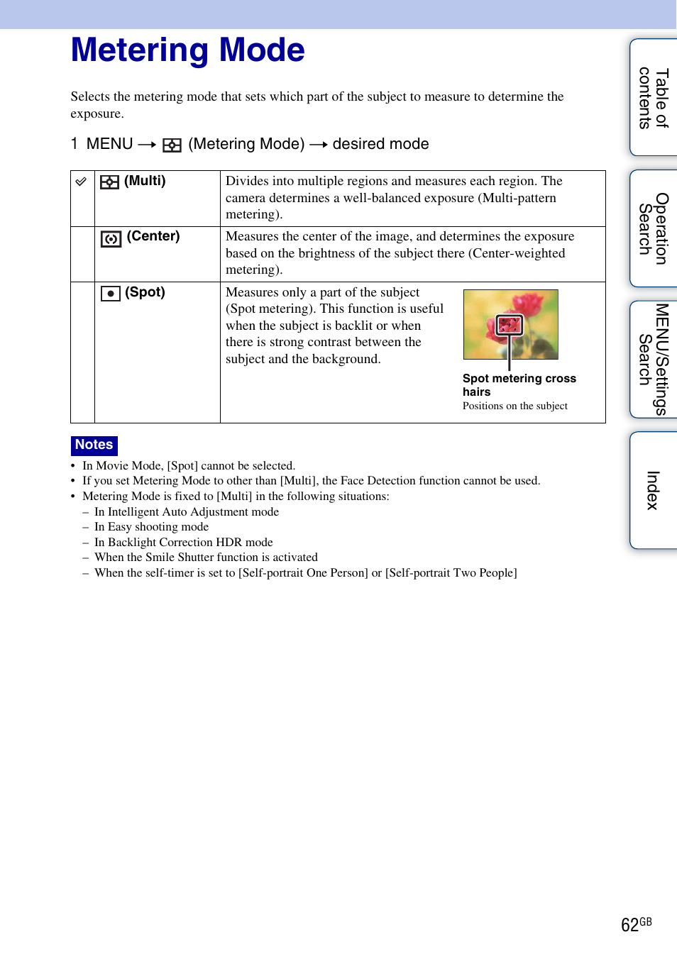 Metering mode | Sony DSC-HX5V User Manual | Page 62 / 160