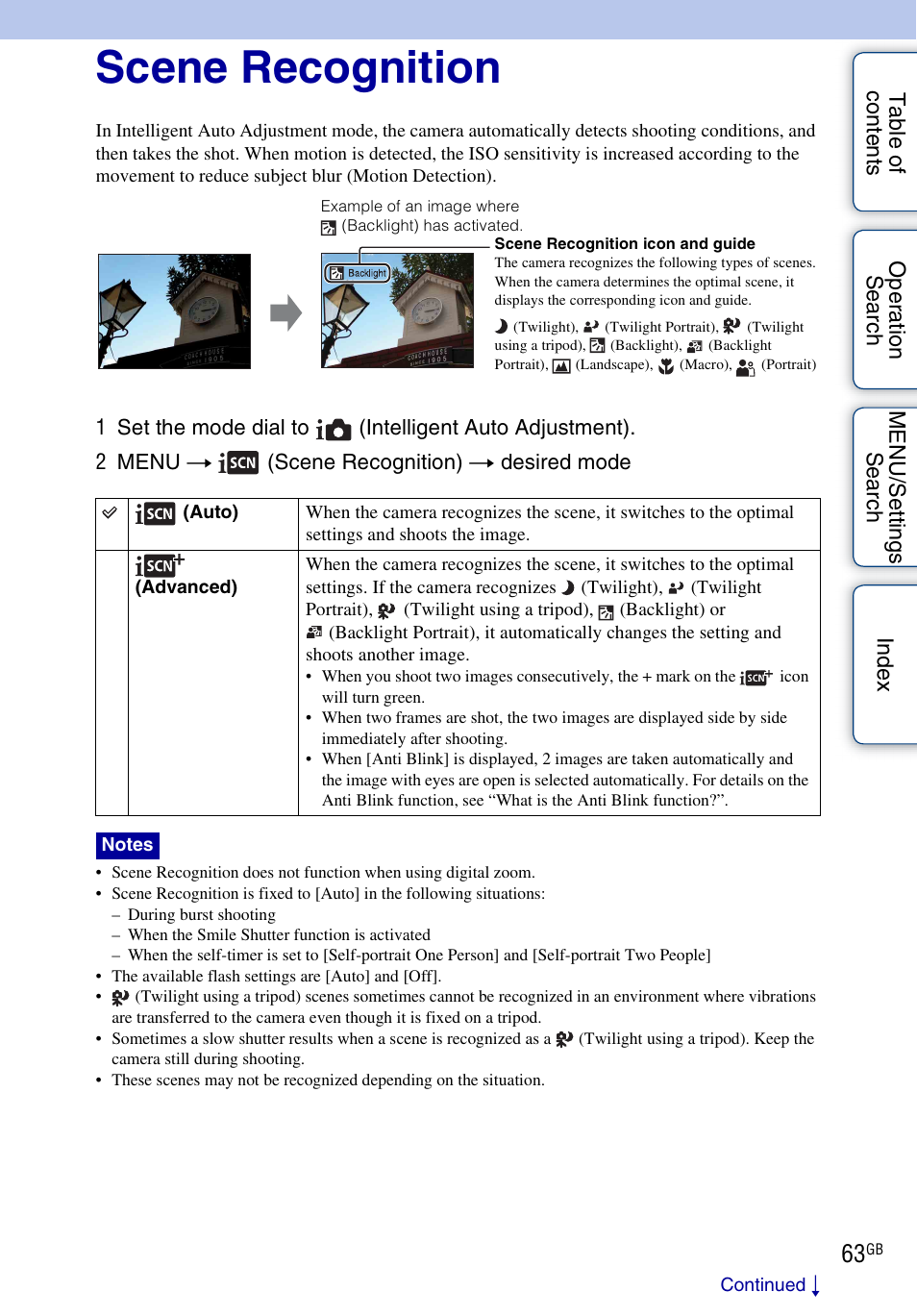 Scene recognition | Sony DSC-HX5V User Manual | Page 63 / 160