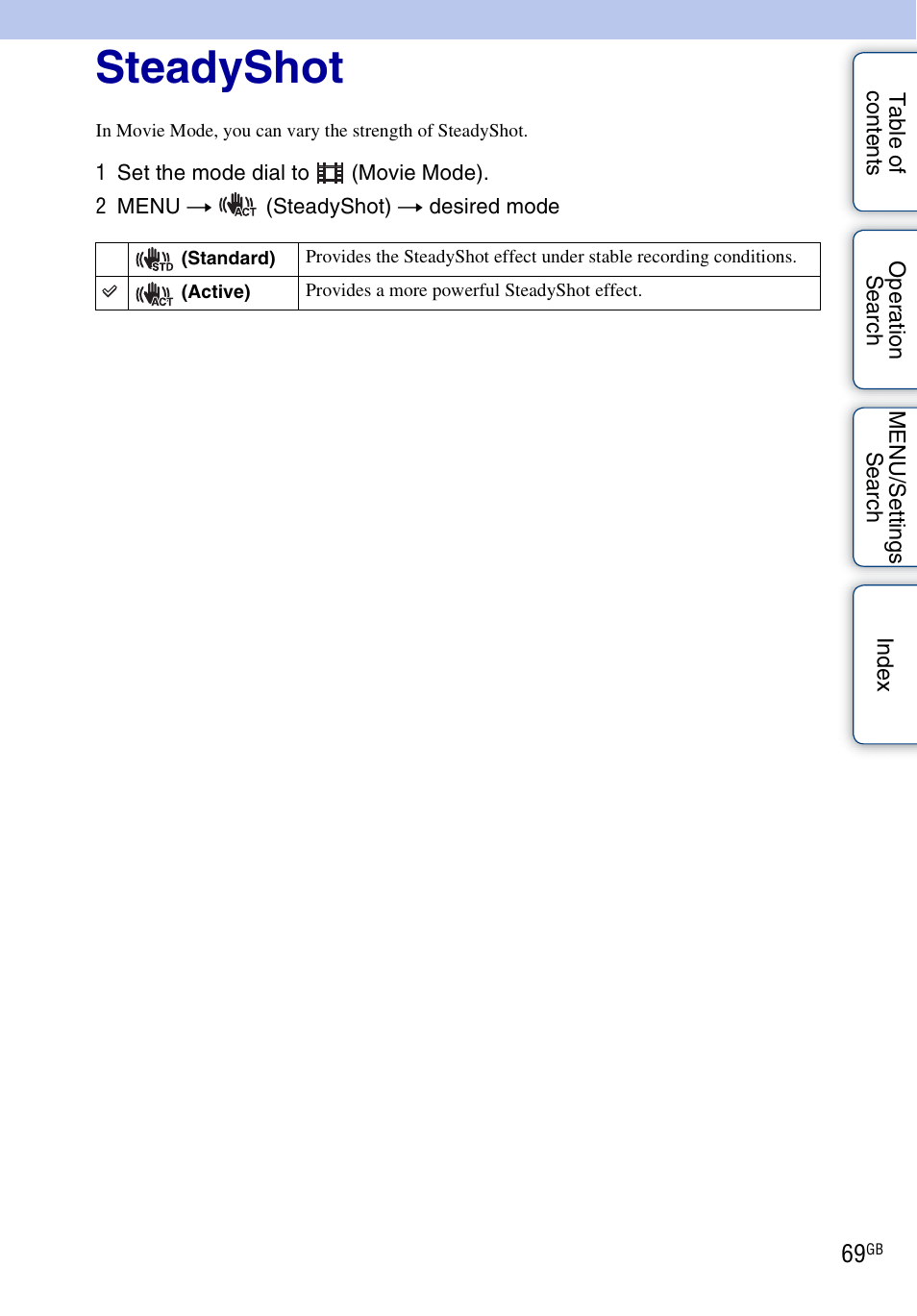 Steadyshot | Sony DSC-HX5V User Manual | Page 69 / 160