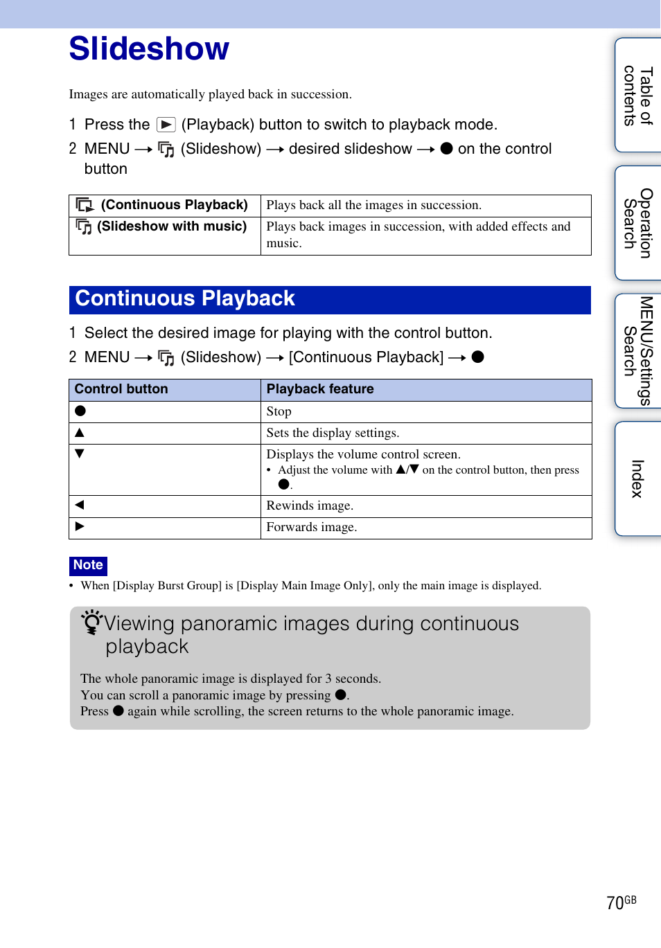 Slideshow, Continuous playback | Sony DSC-HX5V User Manual | Page 70 / 160